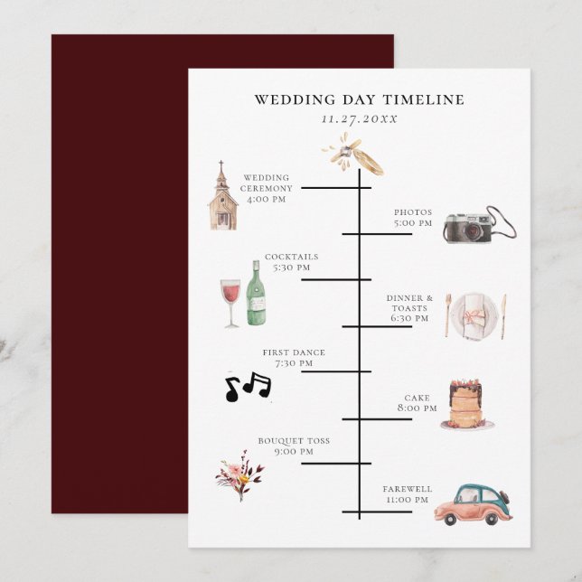 Rustic Watercolor Illustrated Wedding Day Timeline Program (Front/Back)