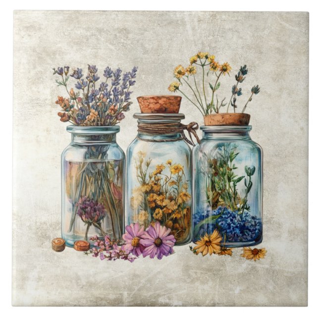 Rustic Watercolor Jars with Herbs Flowers Tile (Front)