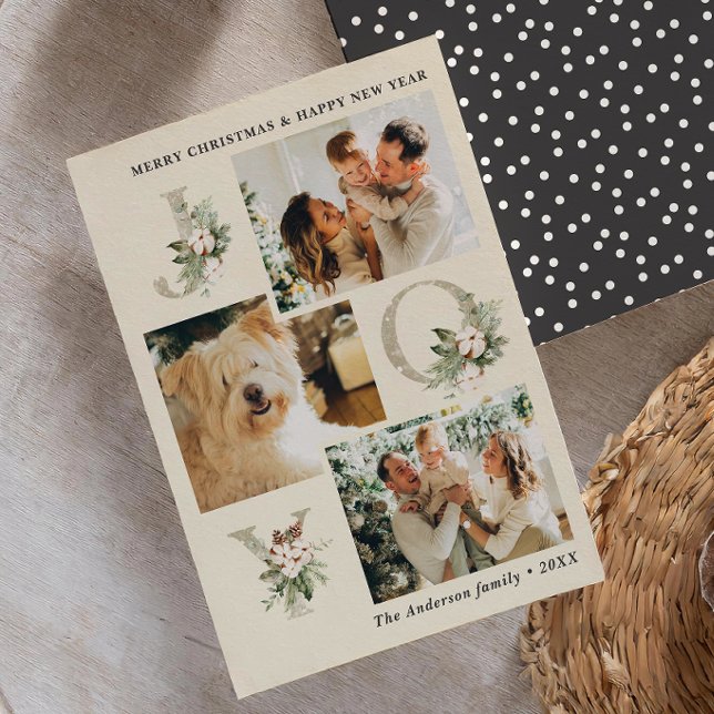 Rustic Watercolor Joy 3-Photo Christmas Holiday Card (Creator Uploaded)