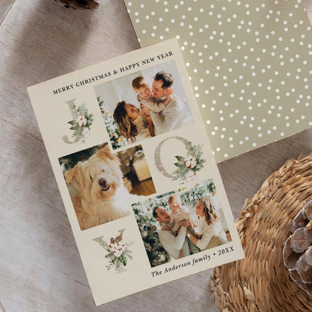 Rustic Watercolor Joy 3-Photo Christmas Holiday Card (Creator Uploaded)