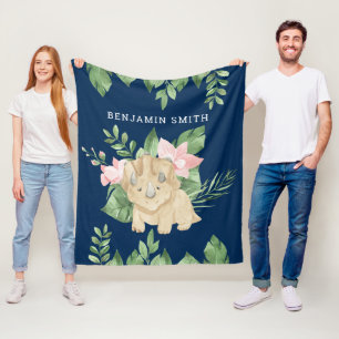 Rustic Watercolor Jungle Triceratops Cute Dinosaur Fleece Blanket