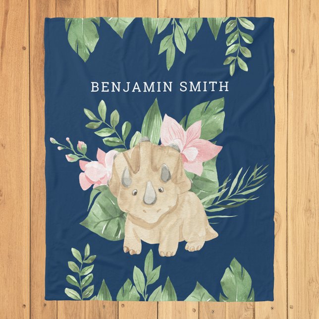 Rustic Watercolor Jungle Triceratops Cute Dinosaur Fleece Blanket (Creator Uploaded)