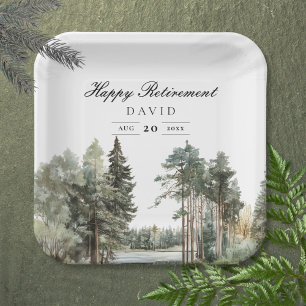 Rustic Watercolor Lake Forest Retirement Party Paper Plate