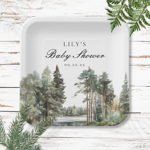Rustic Watercolor Lake Forest Woodland Baby Shower Paper Plate