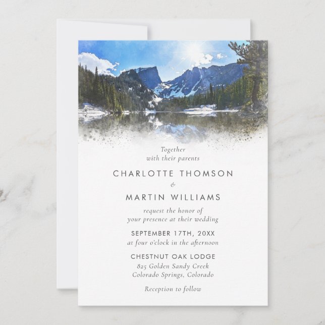 Rustic Watercolor Lakeside Mountain Wedding Invitation (Front)