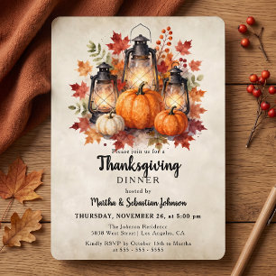 Rustic Watercolor Lantern Pumpkin Thanksgiving Invitation