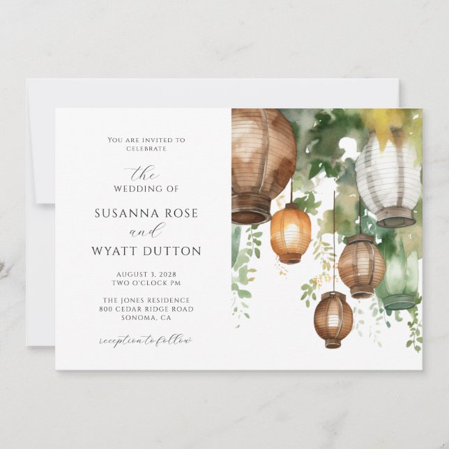 Rustic Watercolor Lanterns Wedding Invitation (Front)