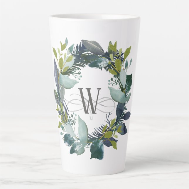 Rustic Watercolor Laurel Wreath Monogram Latte Mug (Front)