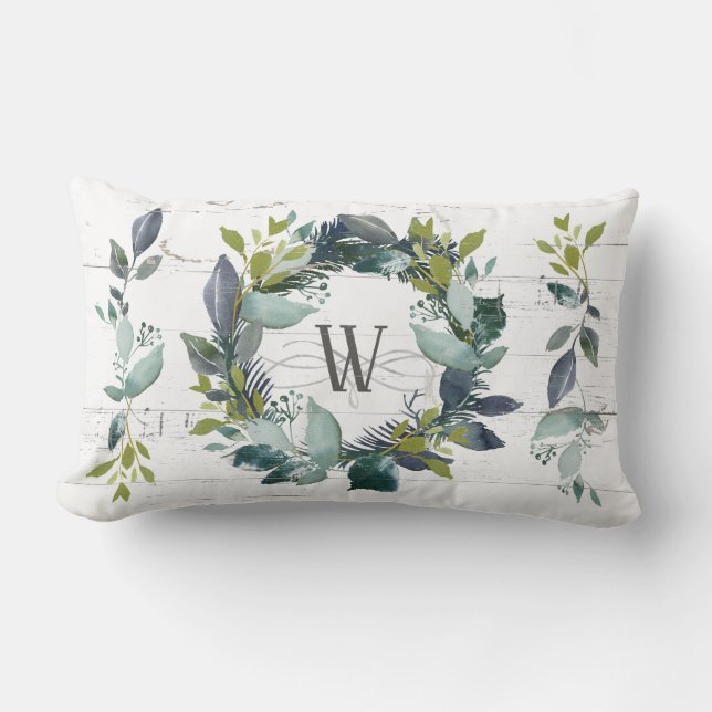 Rustic Watercolor Laurel Wreath Monogram Lumbar Pillow (Front)