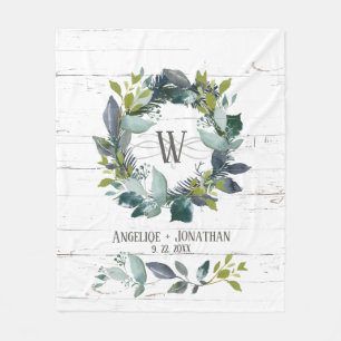 Rustic Watercolor Laurel Wreath Monogram Newlywed Fleece Blanket