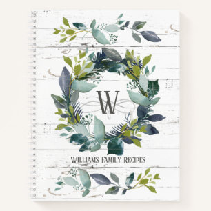 Rustic Watercolor Laurel Wreath Monogram Recipe No Notebook