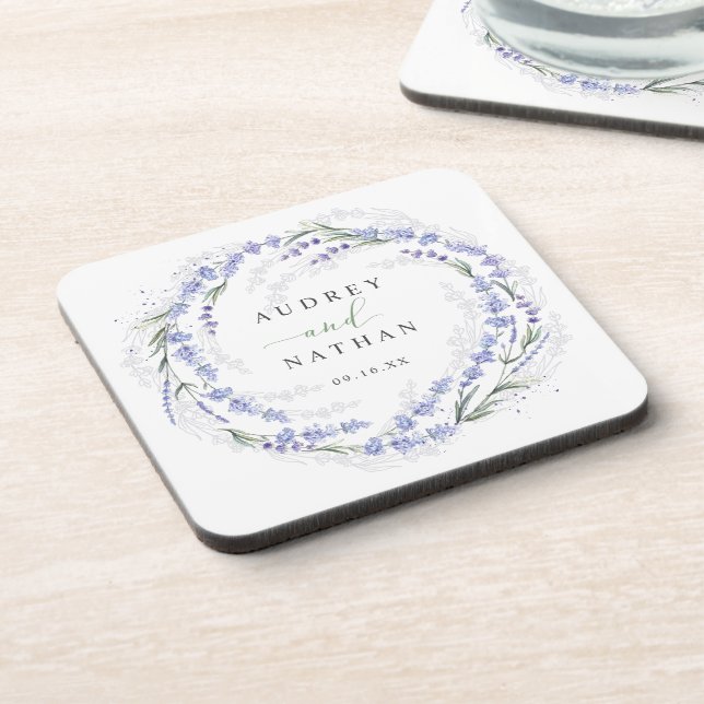 Rustic Watercolor Lavender Purple Wreath Wedding Coaster (Left Side)