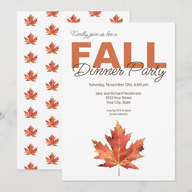 Rustic Watercolor Leaf Fall Dinner Party Invitation (Front/Back)