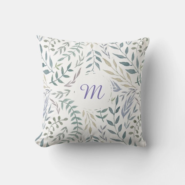 Rustic Watercolor Leaves and Foliage Monogram Throw Pillow (Front)