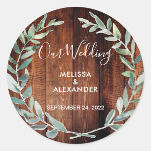 Rustic watercolor leaves barn wood wedding classic round sticker