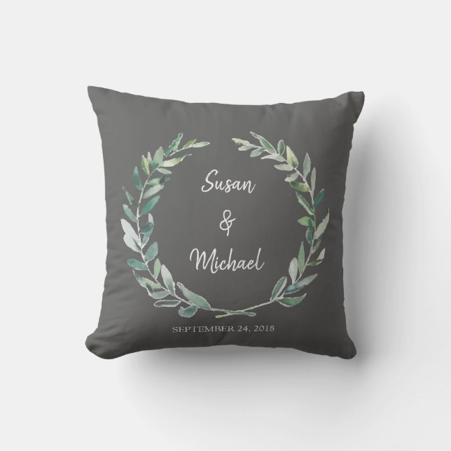 Rustic watercolor leaves bride and groom wedding throw pillow (Front)