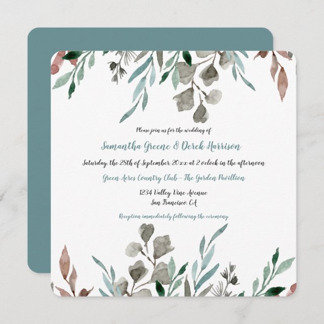 Rustic Watercolor Leaves Frame Wedding Invitations (Front/Back)