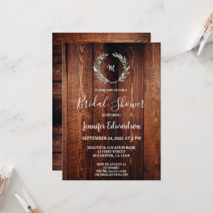 Rustic watercolor leaves monogram Bridal Shower Invitation