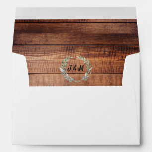 Rustic watercolor leaves monogram on wood Wedding Envelope