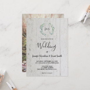 Rustic watercolor leaves monogram photo Wedding Invitation