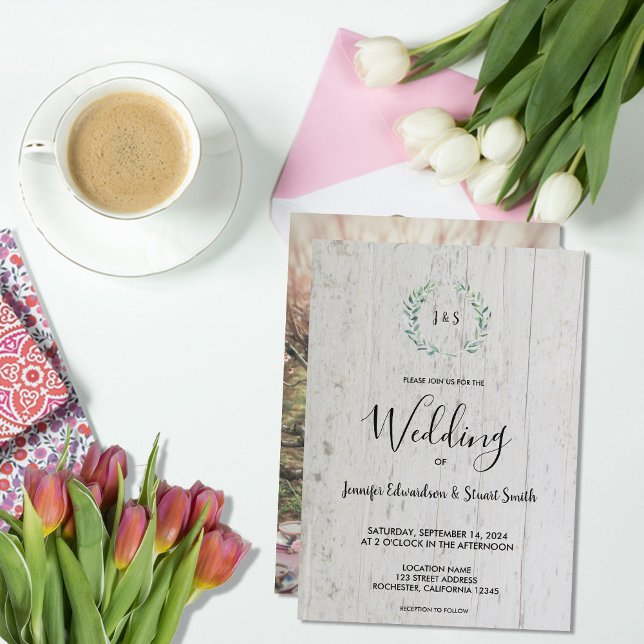 Rustic watercolor leaves monogram photo Wedding Invitation (Rustic watercolor leaves on barn wood monogrammed photo Wedding Invitation.)