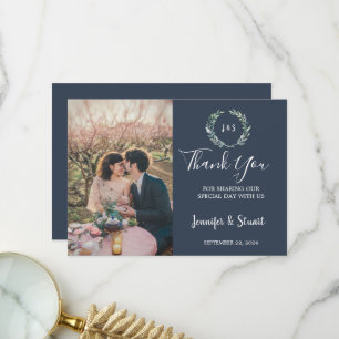 Rustic watercolor leaves monogram photo wedding thank you card