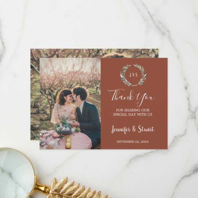 Rustic watercolor leaves monogram photo wedding thank you card (Front/Back In Situ)