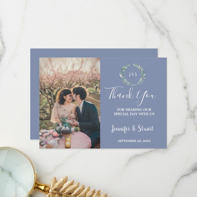 Rustic watercolor leaves monogram photo wedding thank you card (Front/Back In Situ)