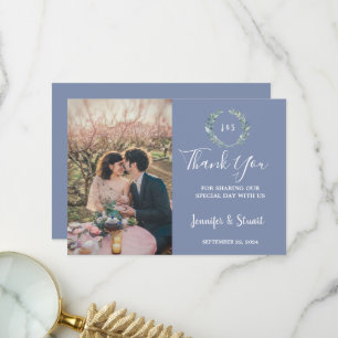 Rustic watercolor leaves monogram photo wedding thank you card