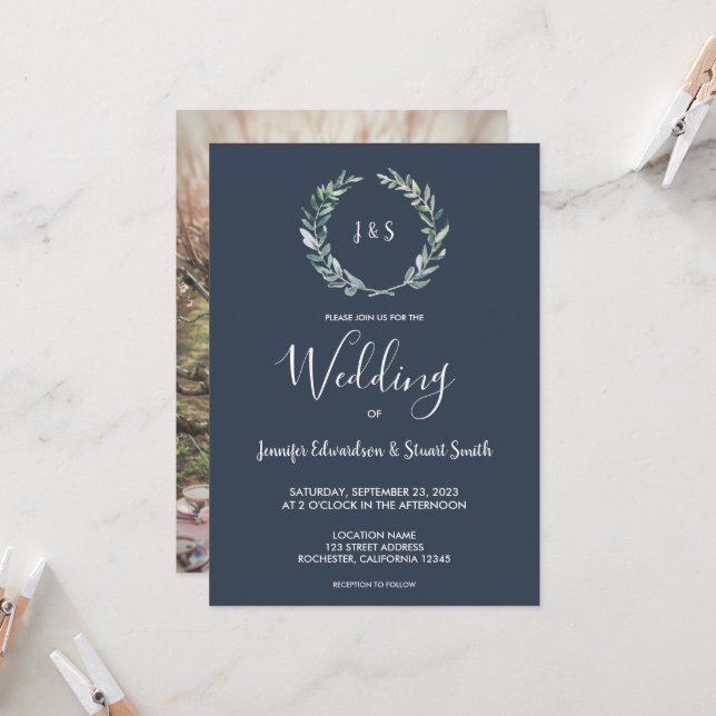 Rustic watercolor leaves monogrammed photo Wedding Invitation (Front/Back In Situ)