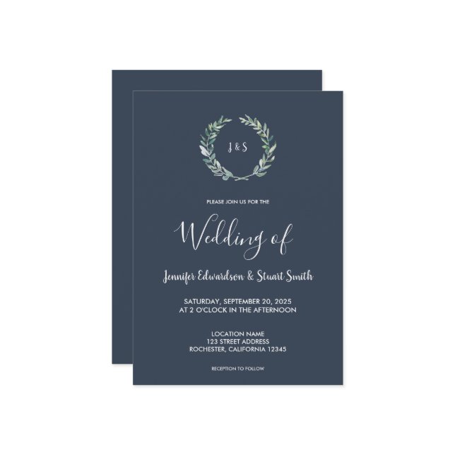 Rustic watercolor leaves monogrammed Wedding Invitation (Front/Back In Situ)