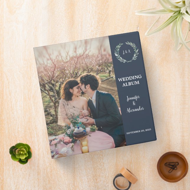 Rustic watercolor leaves navy blue Wedding album Binder (In Situ)
