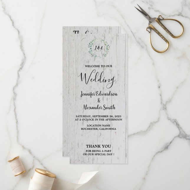 Rustic watercolor leaves on barn wood wedding program (Front/Back In Situ)