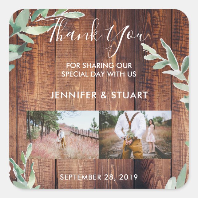 Rustic watercolor leaves photo Thank You wedding Square Sticker (Front)