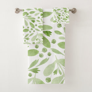  Rustic Watercolor Leaves Sage Green &White Bath Towel Set