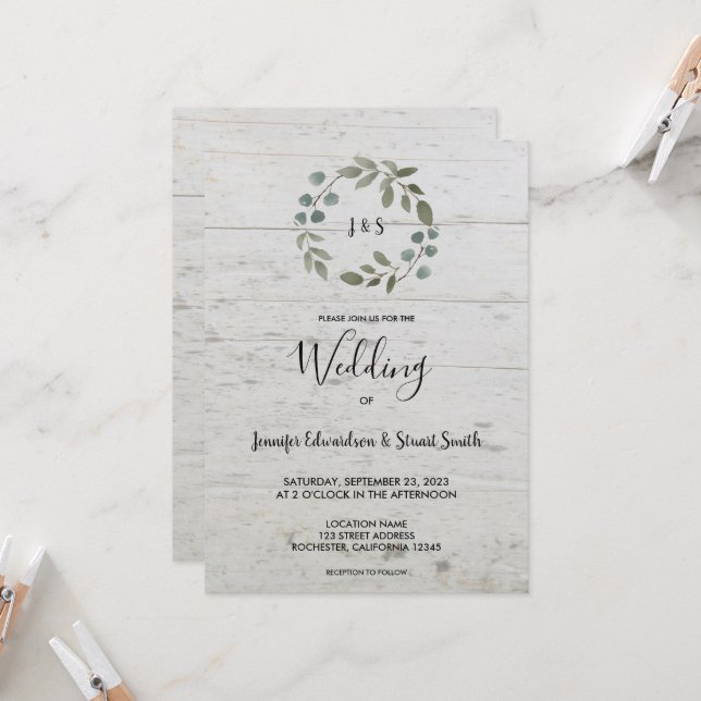 Rustic watercolor leaves wood monogram Wedding Invitation (Front/Back In Situ)