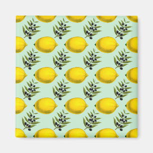 Rustic Watercolor Lemon and Olives Pattern  Magnet