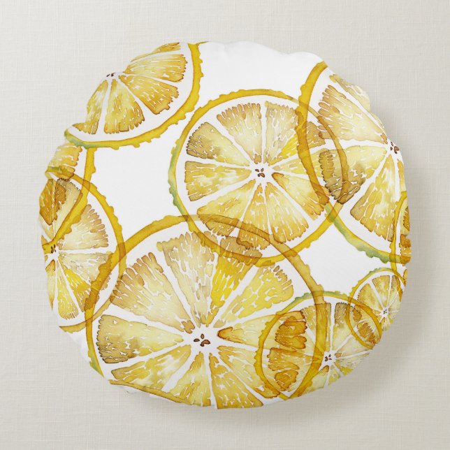 Rustic Watercolor Lemon Slices Pattern Round Pillow (Front)