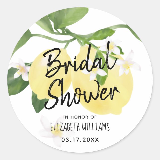 Rustic Watercolor Lemon Summer Bridal Shower Classic Round Sticker (Front)