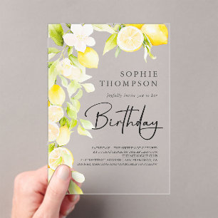 Rustic watercolor lemons birthday acrylic invitations