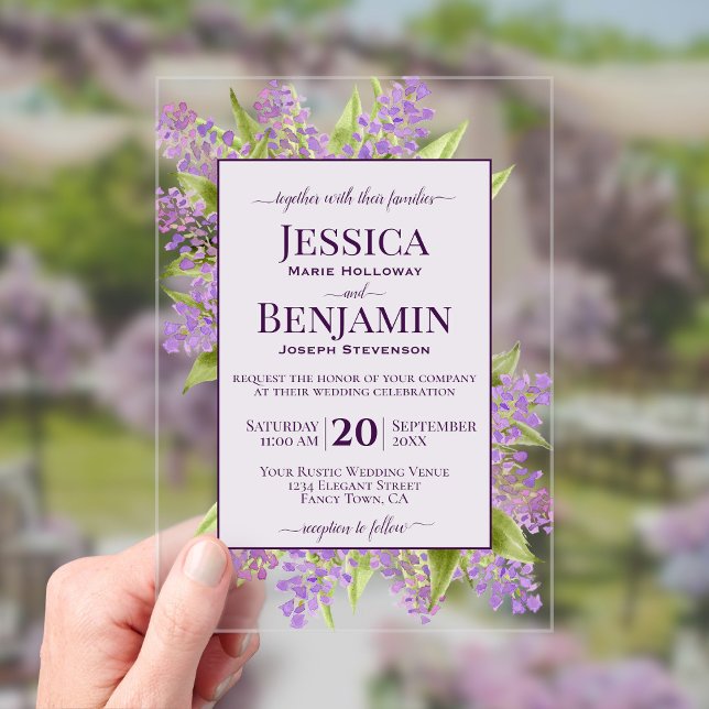 Rustic Watercolor Lilacs Stylish Text Wedding Acrylic Invitations (Clear Acrylic with Rectangle Cut)