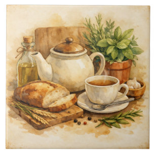 Rustic Watercolor Mediterranean Breakfast Tile