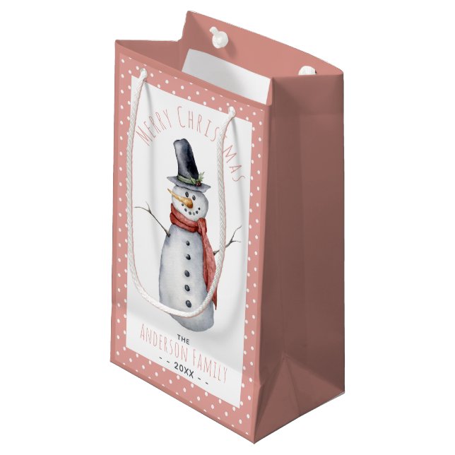 Rustic Watercolor Merry Christmas Snowman Family Small Gift Bag (Front Angled)