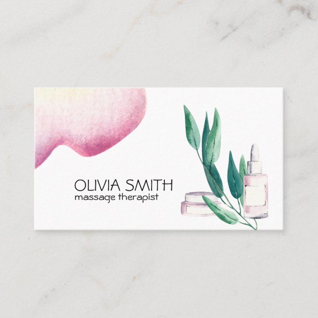 Rustic Watercolor Modern Greenery Floral Massage  Business Card (Front)