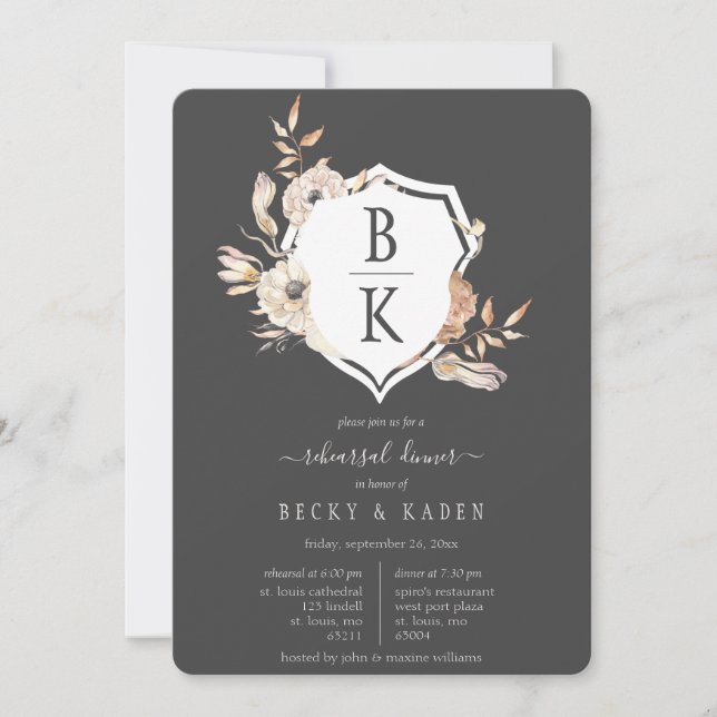 Rustic Watercolor Monogram Crest Rehearsal Dinner Invitation (Front)