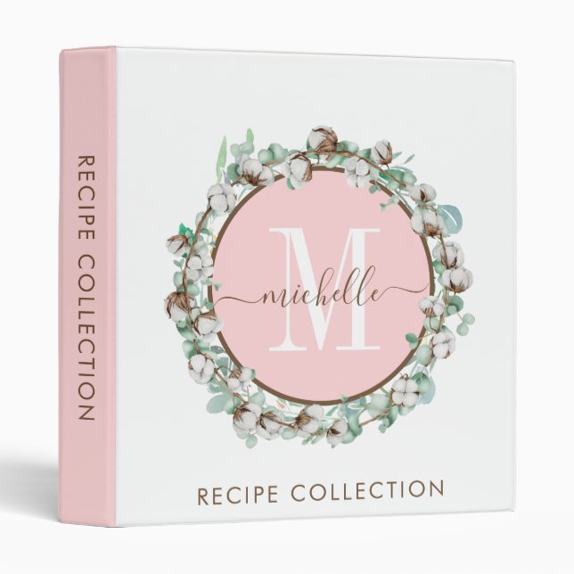 Rustic Watercolor Monogram Wreath Kitchen Recipe Binder (Front/Spine)