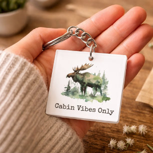 Rustic Watercolor Moose Custom Cabin Forest Art Keychain
