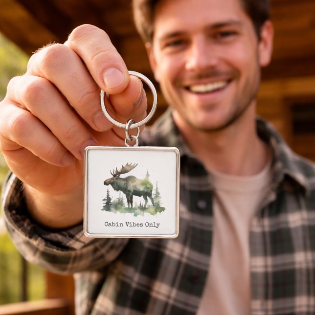 Rustic Watercolor Moose Custom Cabin Forest Art Keychain (Creator Uploaded)