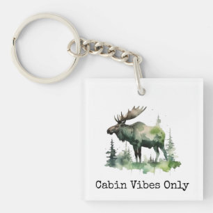Rustic Watercolor Moose Custom Cabin Forest Art Keychain