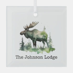 Rustic Watercolor Moose Forest Cabin Keepsake Glass Ornament